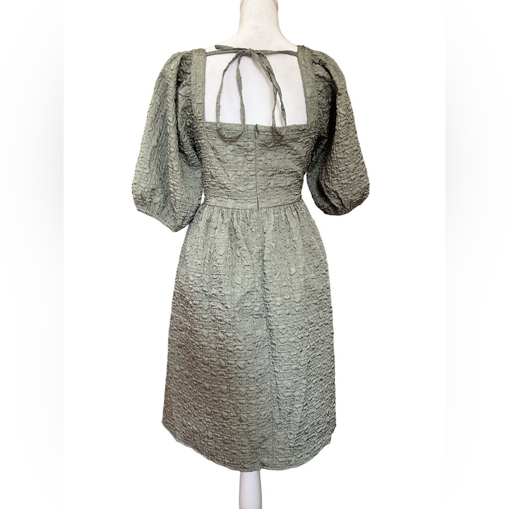 Sage Textured Babydoll Dress Puff Sleeve Square Neck Cottagecore Romantic NWT L - Picture 4 of 10